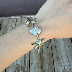 Starfish Sand Dollar Link Bracelet Women 8 Inch Silver Tone Coastal Mermaidcore